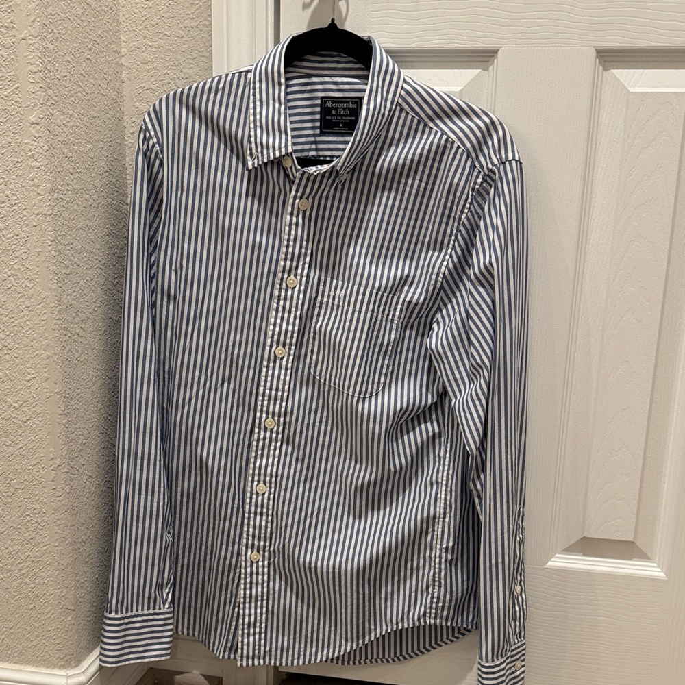 Abercrombie & Fitch Navy and White Striped Button-Down Shirt